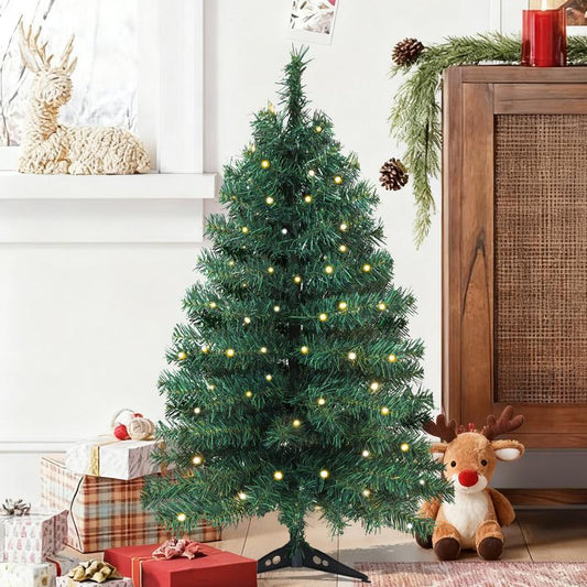 3 Ft Pre-Lit Christmas Tree – 25 LED Lights & 100 Branches for Home or Office